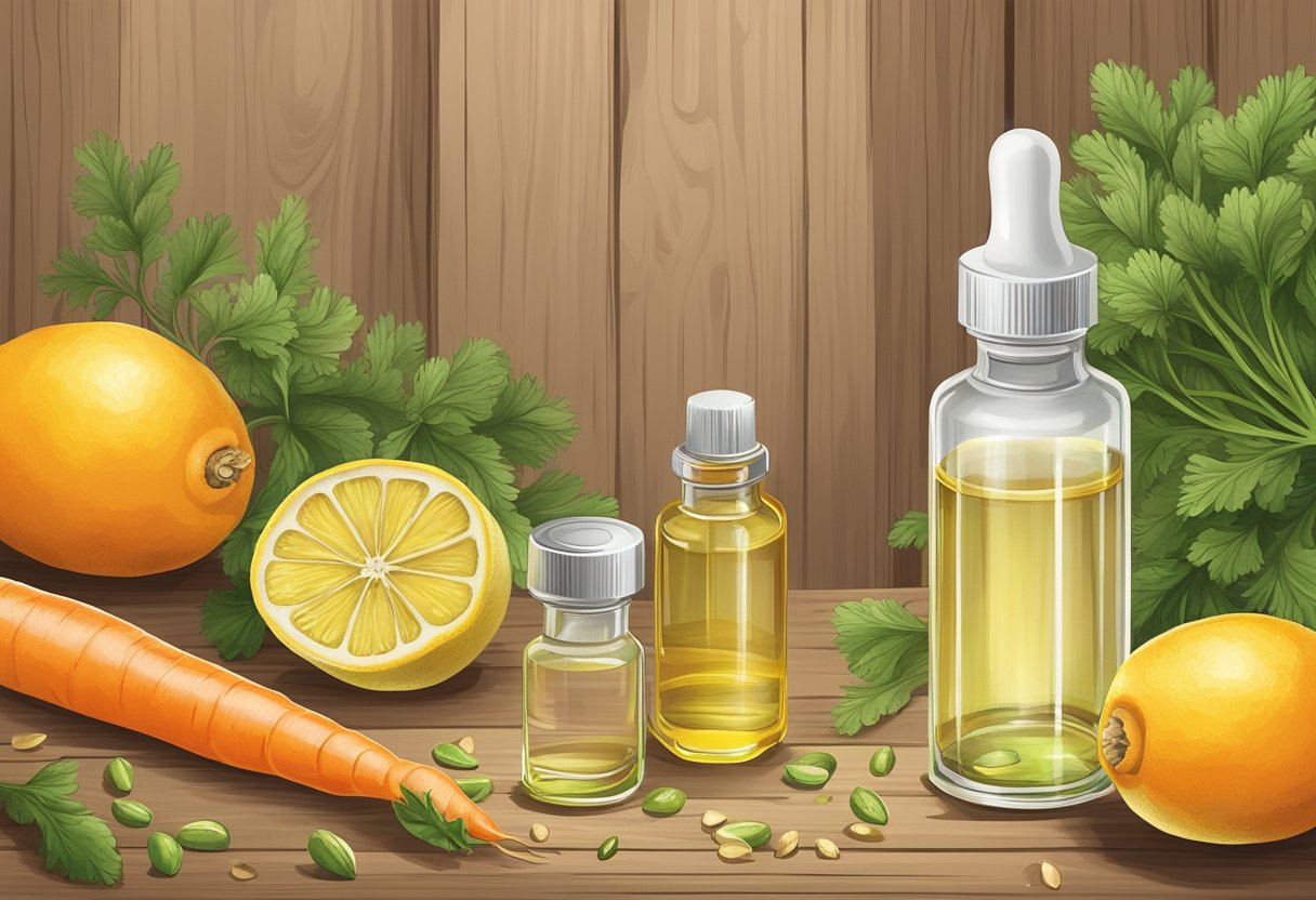 A clear glass dropper bottle filled with bright orange carrot seed oil and lemon serum, surrounded by fresh carrots and lemons on a wooden surface
