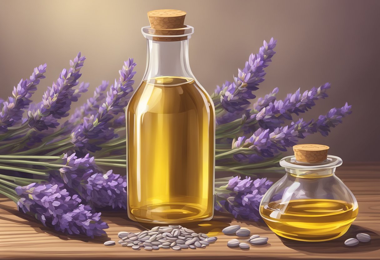 A glass bottle filled with sunflower oil and lavender serum sits on a wooden table surrounded by fresh lavender flowers and sunflower seeds