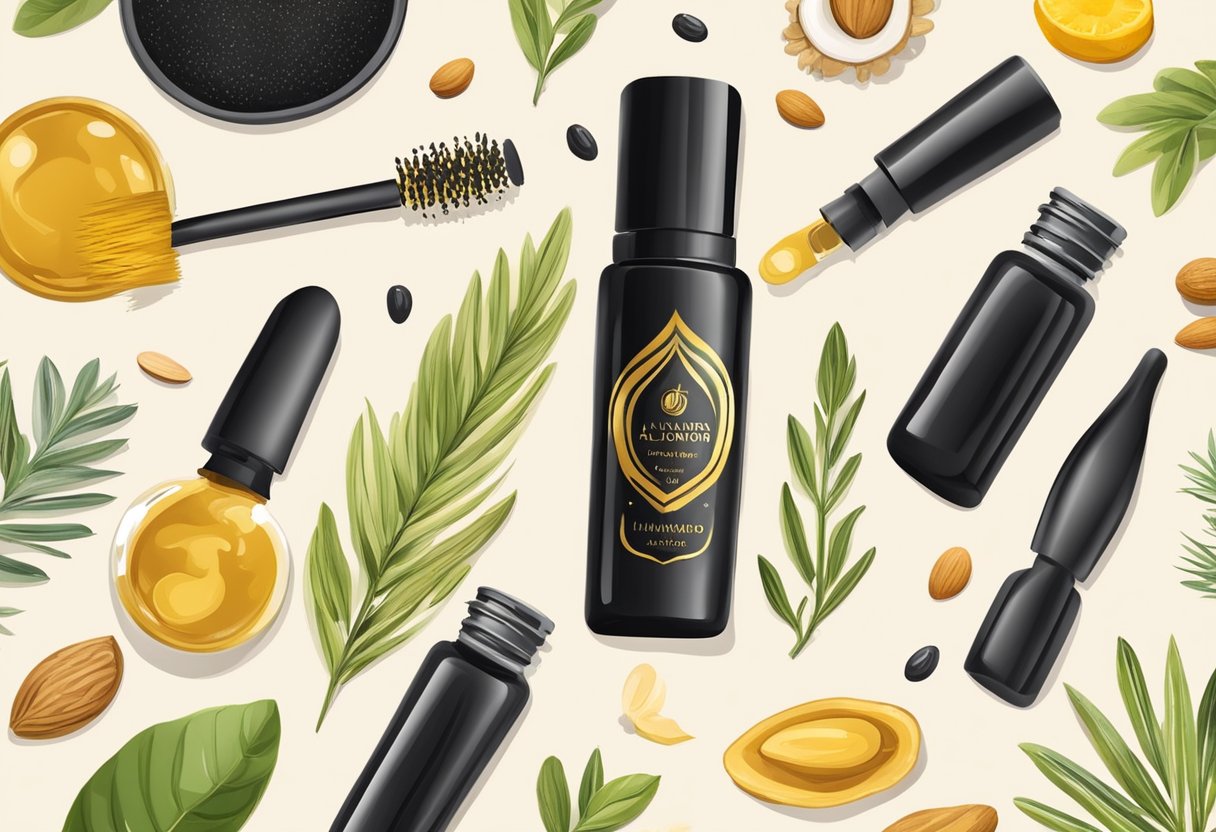 A small glass bottle filled with golden turmeric and almond oil mascara, surrounded by various ingredients and tools for DIY homemade mascara