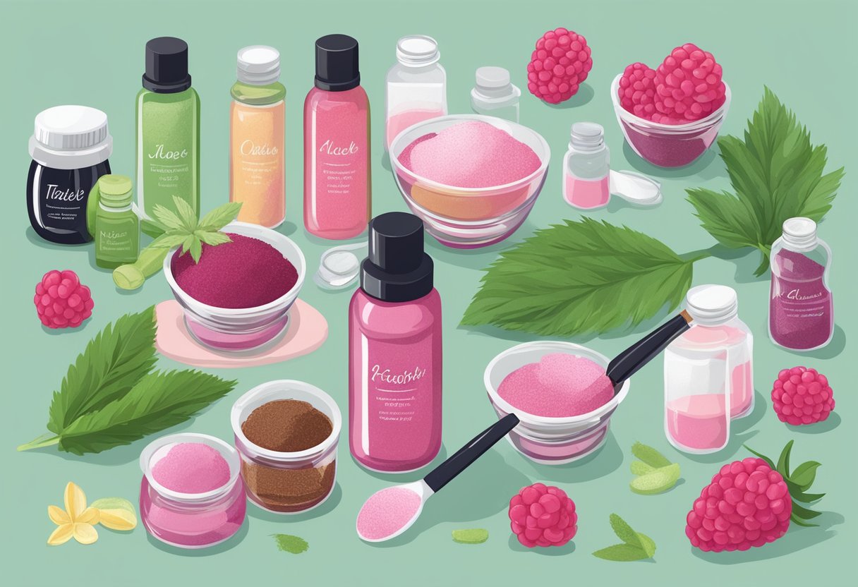 A table with ingredients: raspberry powder, aloe gel, and a variety of homemade mascara recipes