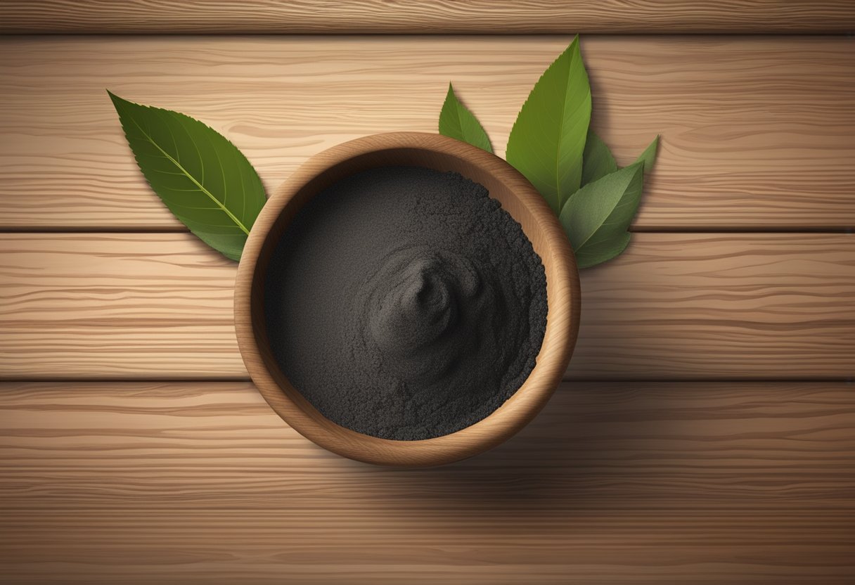 A small bowl of black walnut powder mixed with olive oil sits on a wooden table, ready to be used in a homemade mascara recipe