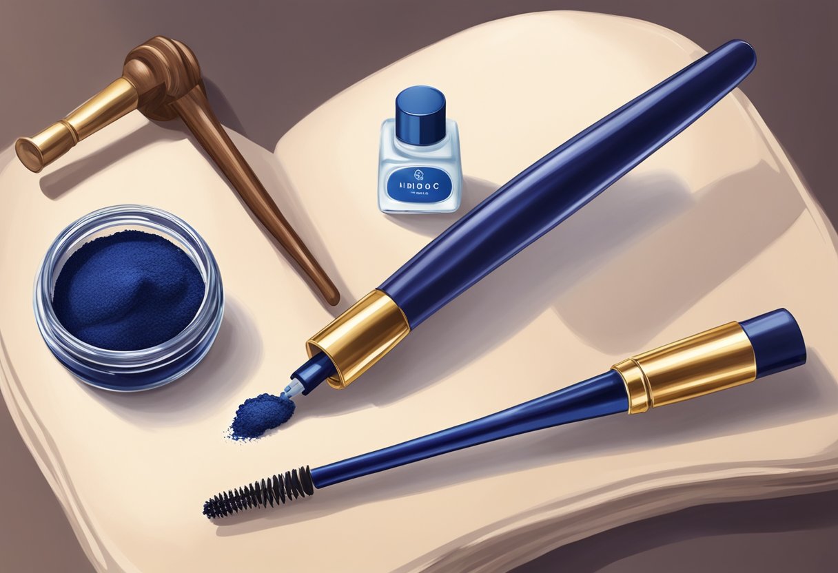 A small glass jar of indigo powder sits next to a bottle of argan oil, with a deep blue mascara wand resting on the table