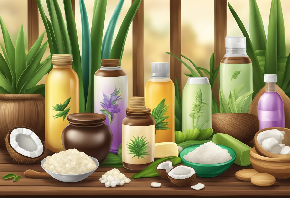 A variety of natural ingredients like shea butter, coconut oil, and aloe vera are displayed on a wooden table, surrounded by colorful bottles and jars