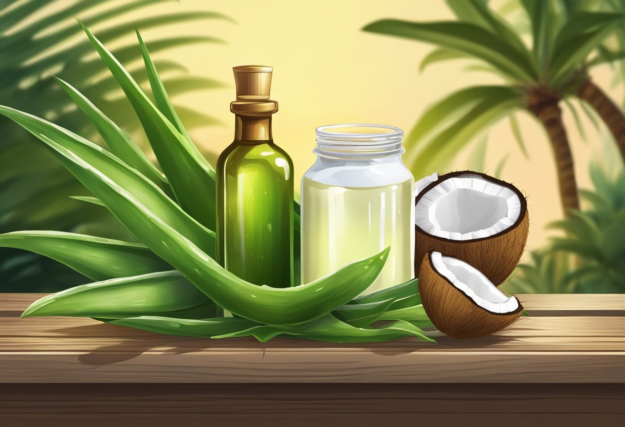 Aloe vera and coconut oil sit on a rustic wooden table, surrounded by fresh green leaves and coconuts. Sunlight streams in, casting a warm glow on the ingredients