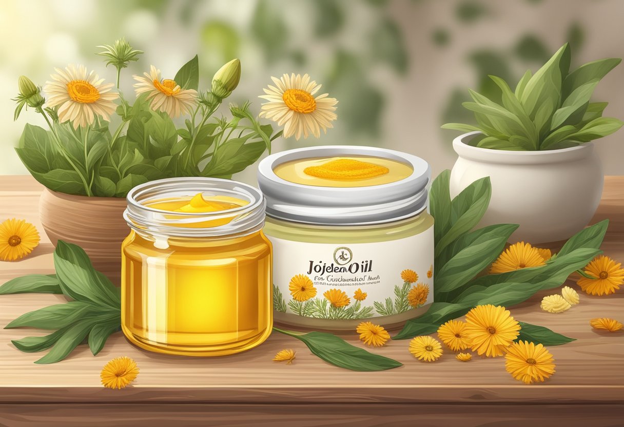 A glass jar filled with golden calendula and jojoba oil healing balm sits on a wooden table, surrounded by fresh ingredients and essential oils
