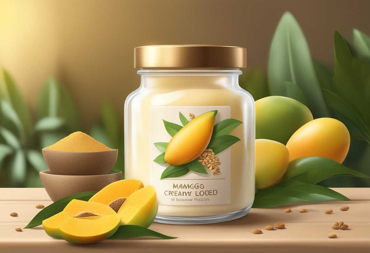 A glass jar filled with creamy lotion, surrounded by fresh mangoes and flaxseeds. A warm, inviting atmosphere with soft lighting