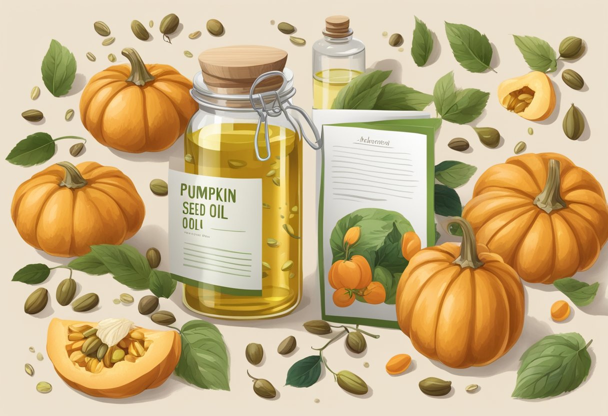 A clear glass jar filled with soothing gel, labeled "Pumpkin Seed Oil and Rosehip," surrounded by fresh ingredients and a recipe book