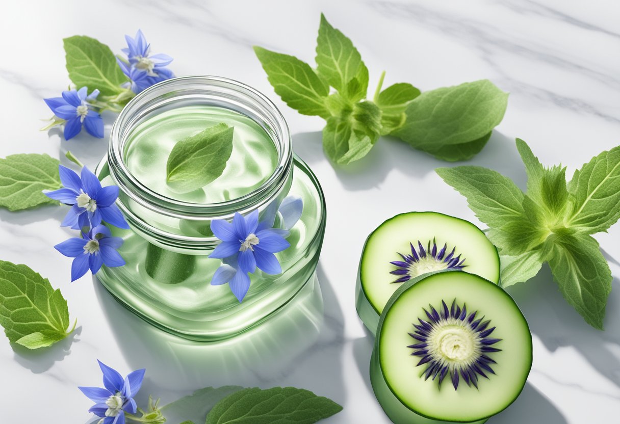A clear glass jar filled with borage seed oil and cucumber moisture gel, surrounded by fresh cucumber slices and borage flowers on a white marble countertop