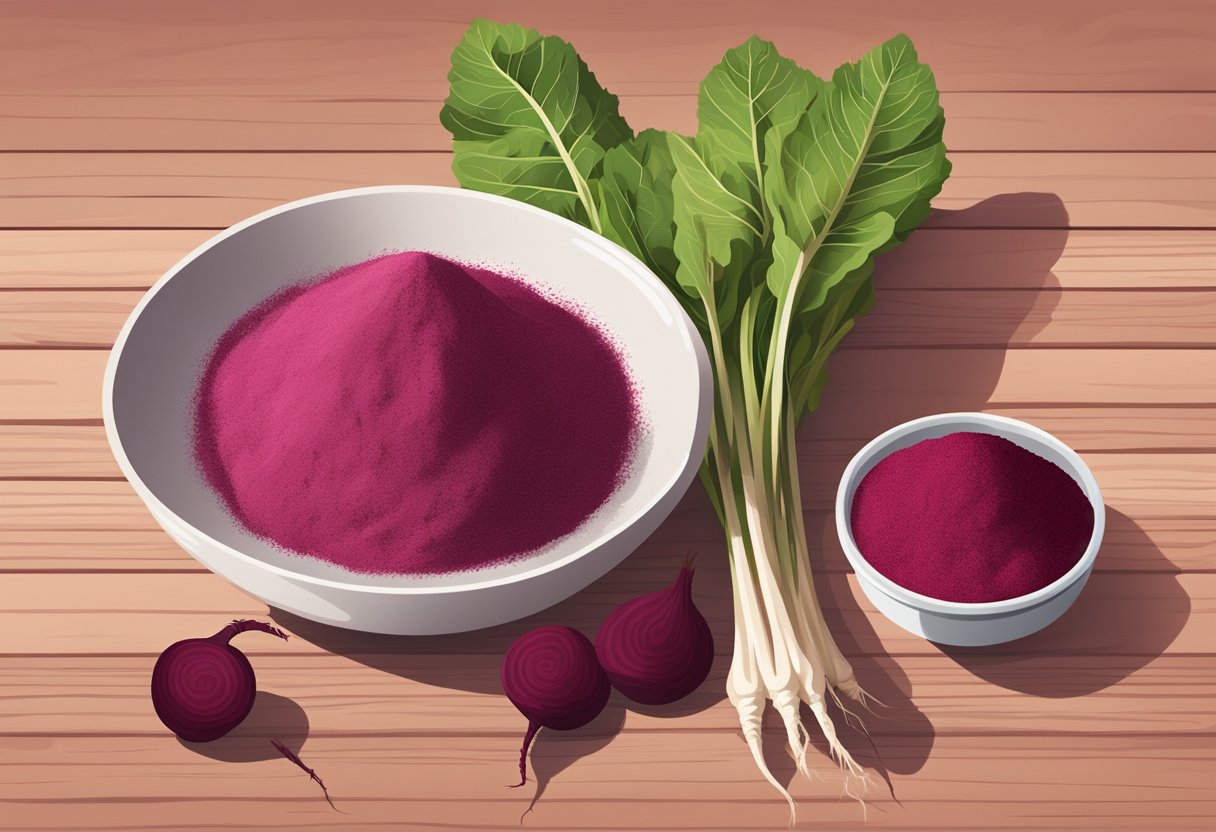 A small bowl of beetroot powder and arrowroot, surrounded by fresh beetroot and arrowroot, on a wooden table in soft natural light