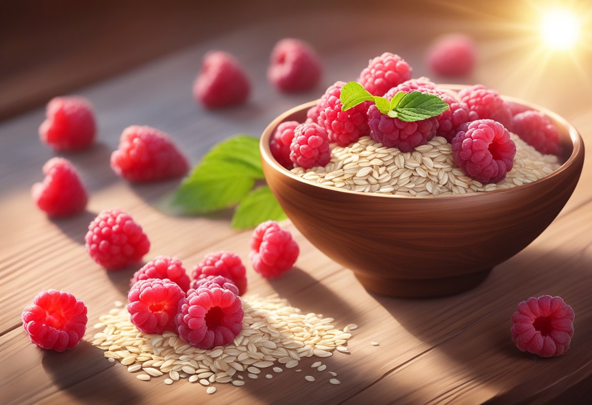A small bowl of raspberry powder and oat flour sits on a wooden table, surrounded by fresh berries and oats. Sunlight streams in, casting a warm glow on the ingredients