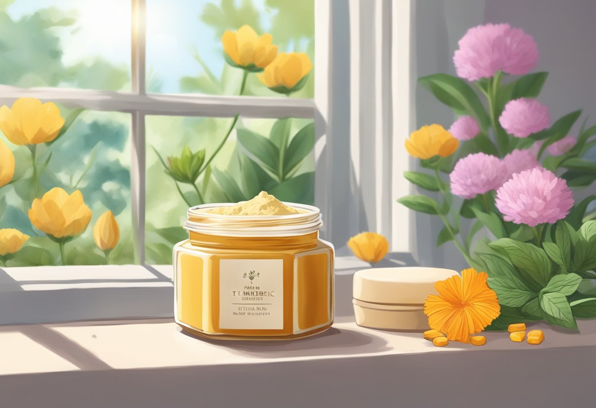 A small jar of turmeric and shea butter blush sits on a sunlit windowsill, surrounded by fresh herbs and flowers