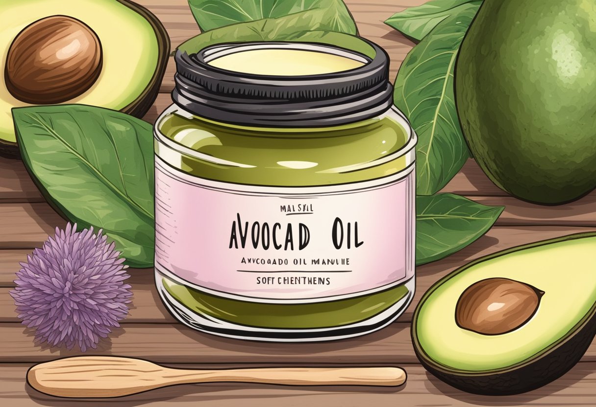 A small glass jar of homemade avocado oil and mauve mica soft cheek tint sits on a rustic wooden table surrounded by fresh organic ingredients