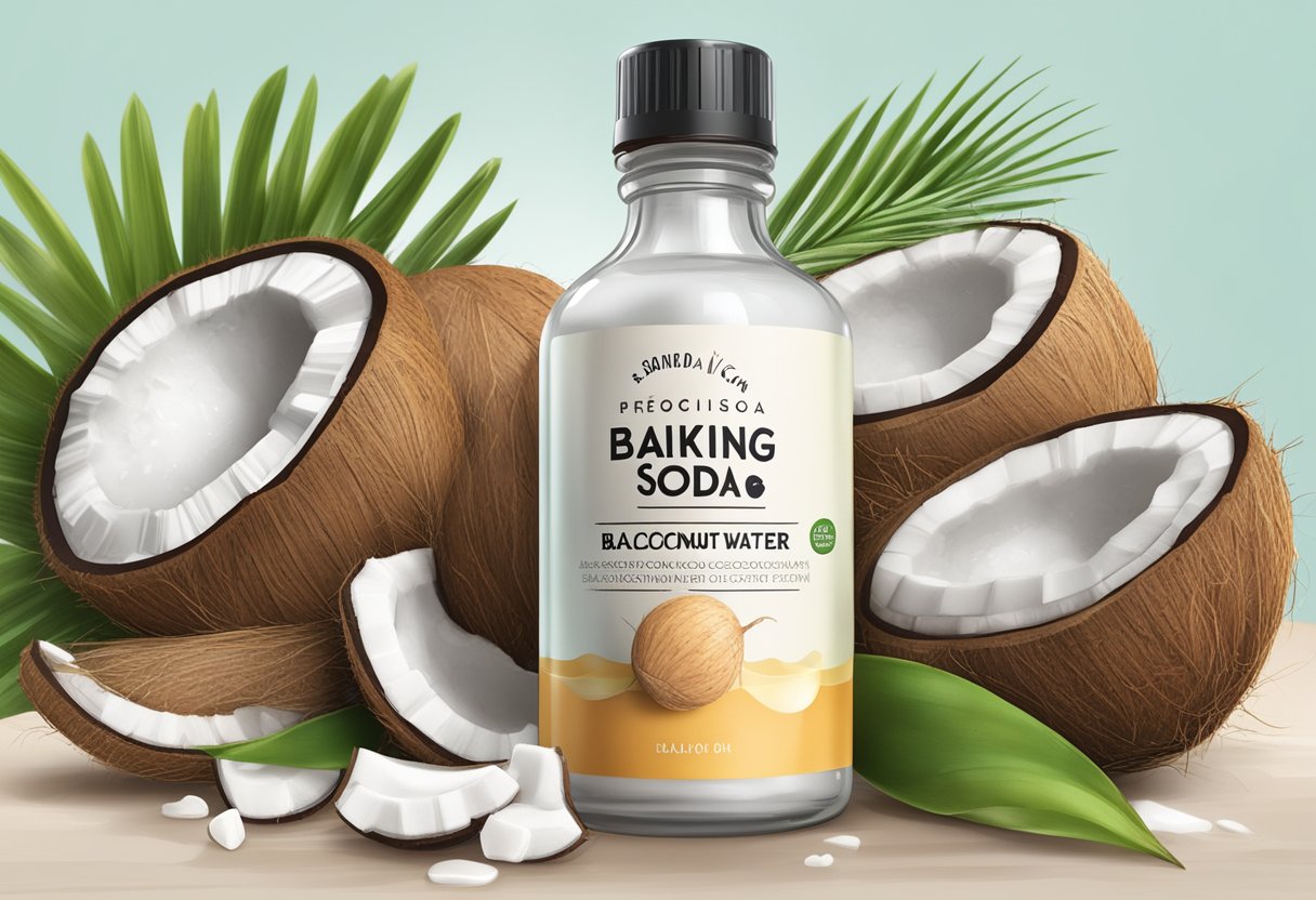 A clear glass bottle with a label reading "Baking Soda and Coconut Water Balancing Serum" surrounded by coconut shells and blackhead-fighting ingredients