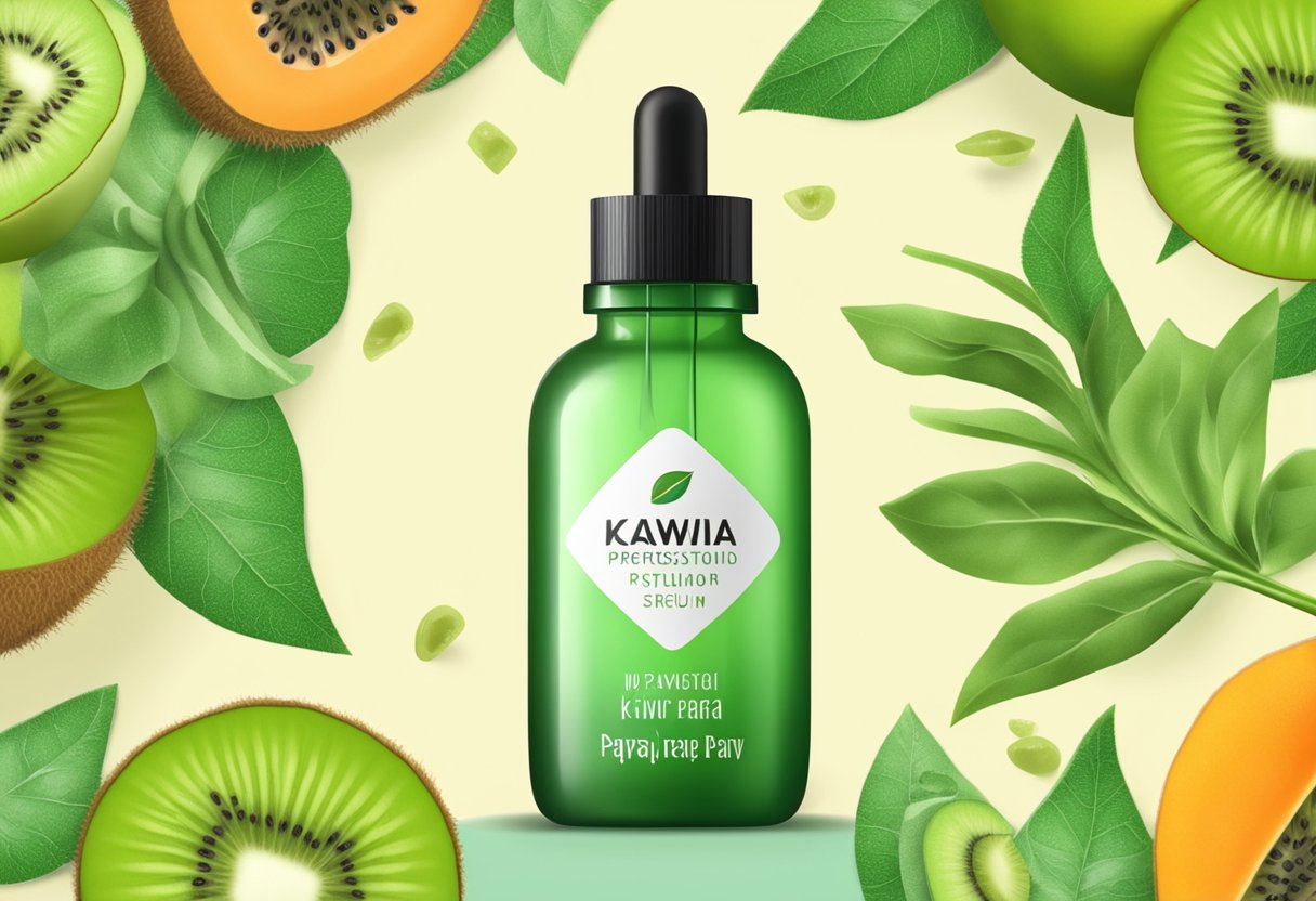 A clear glass bottle with a dropper filled with kiwi and papaya enzyme serum, surrounded by fresh kiwi and papaya fruits