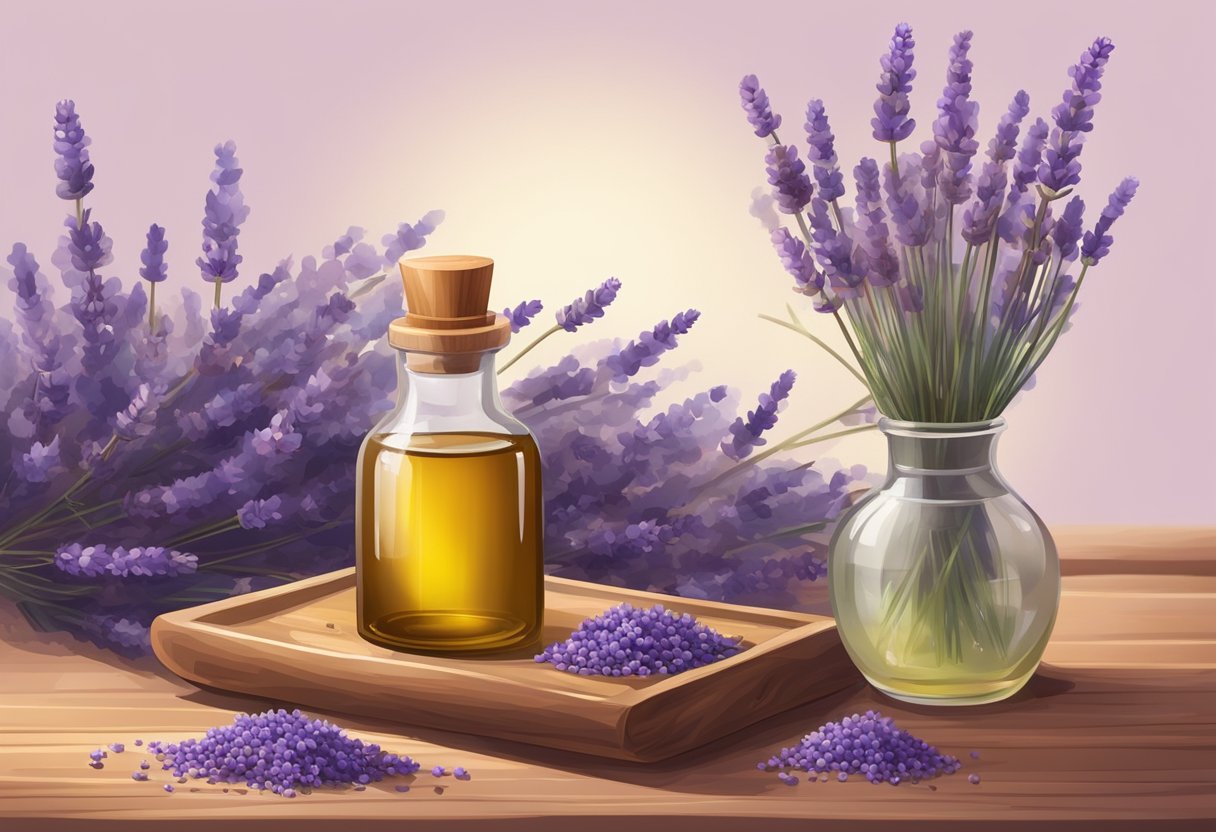 A glass bottle filled with lavender and jojoba oil sits on a wooden table, surrounded by dried lavender flowers and a mortar and pestle