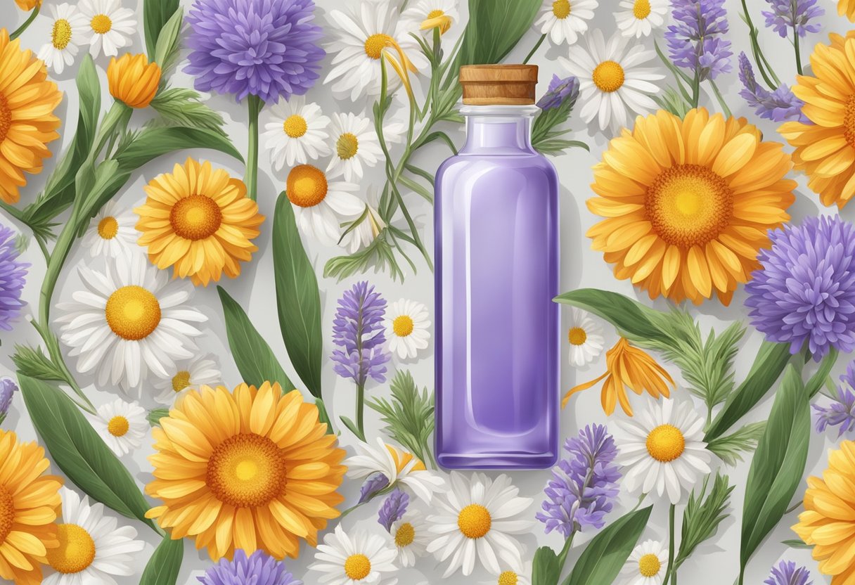A small glass bottle filled with calendula oil and vitamin E, surrounded by various natural ingredients like lavender, chamomile, and aloe vera