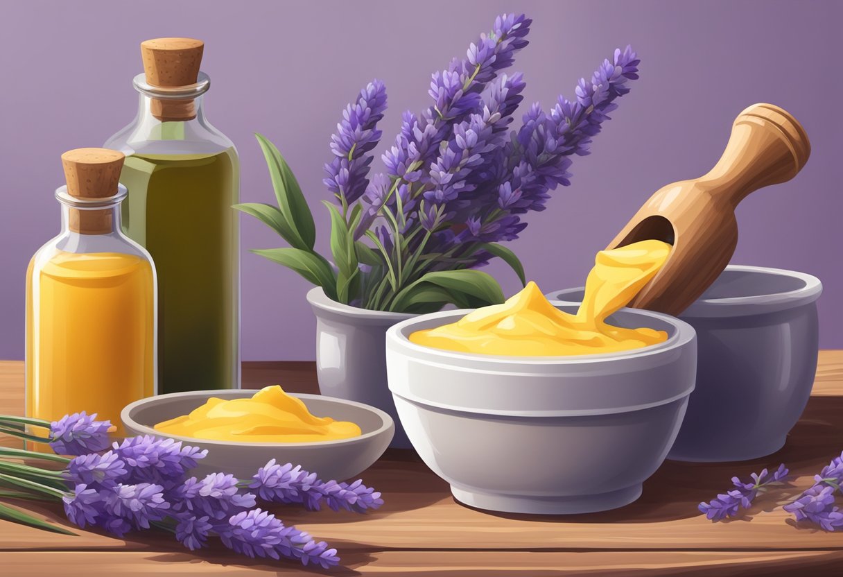 A glass bottle filled with creamy mango butter and lavender oil sits on a wooden table surrounded by fresh lavender flowers and a mortar and pestle