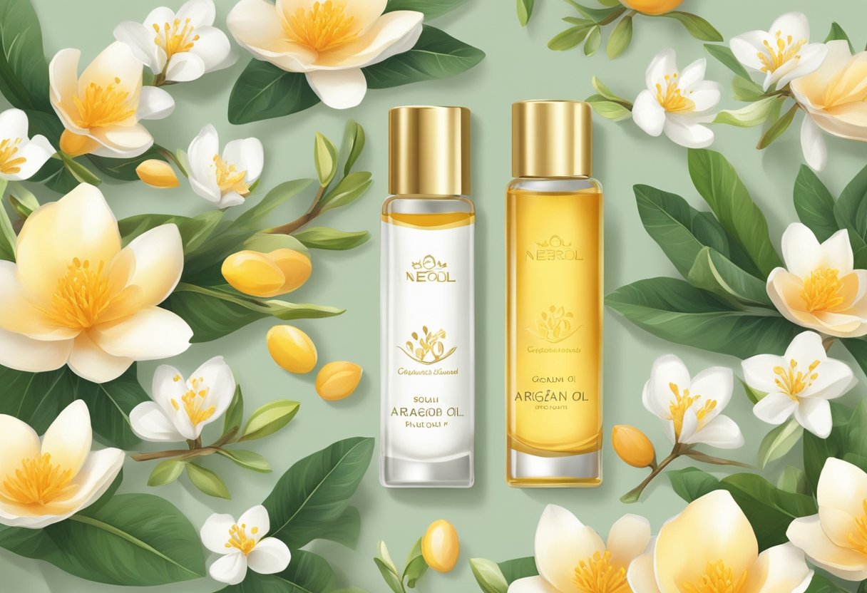 A clear glass bottle filled with golden argan oil and neroli serum, surrounded by fresh neroli flowers and a soft, calming atmosphere