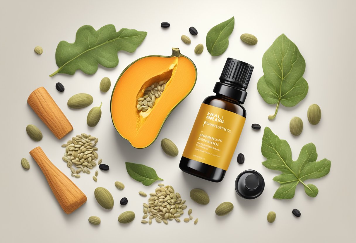 A small glass bottle filled with pumpkin seed oil and licorice root serum, surrounded by fresh ingredients and essential oils on a clean, white countertop