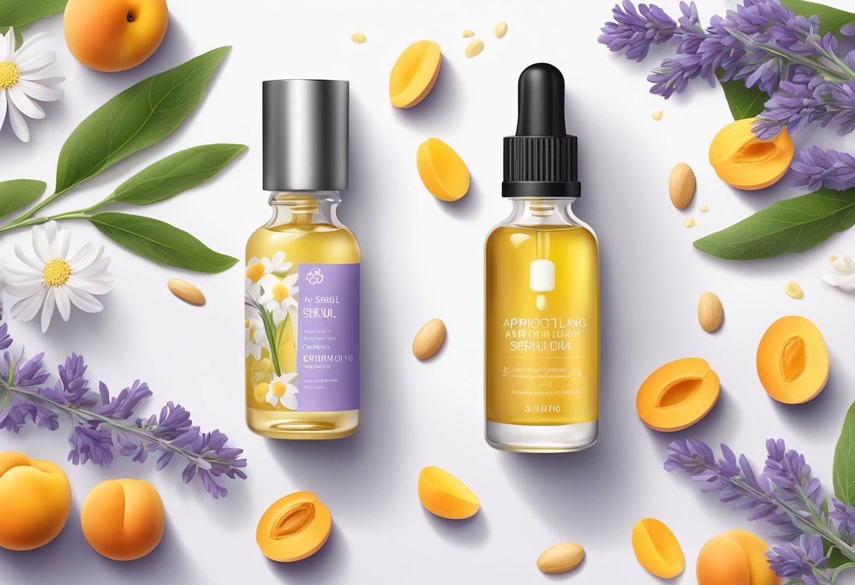 A glass bottle filled with apricot kernel oil and ylang-ylang serum, surrounded by calming ingredients like lavender and chamomile, on a clean, white surface