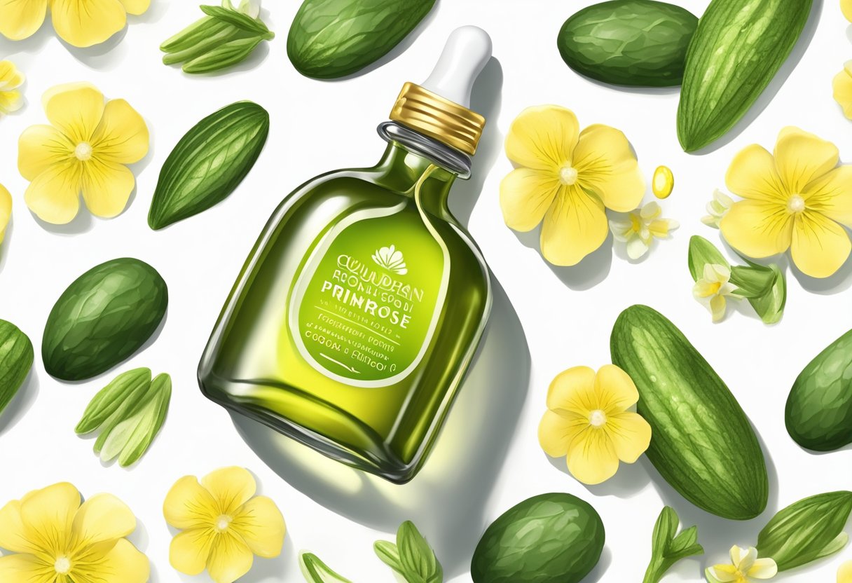 A clear glass bottle with a dropper filled with golden evening primrose oil and cucumber extract. A few cucumber slices and primrose flowers surround the bottle on a clean, white surface