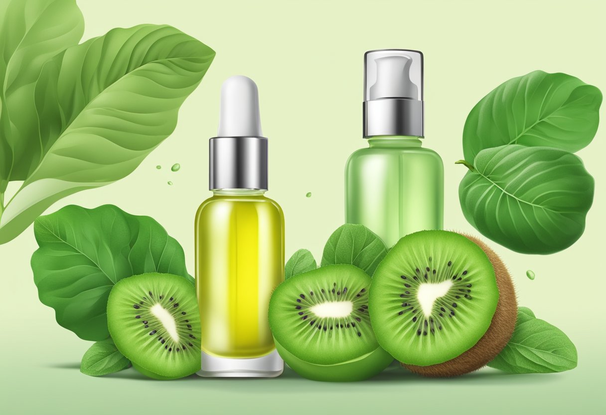 A glass bottle filled with kiwi seed oil and basil serum, surrounded by fresh basil leaves and kiwi fruit