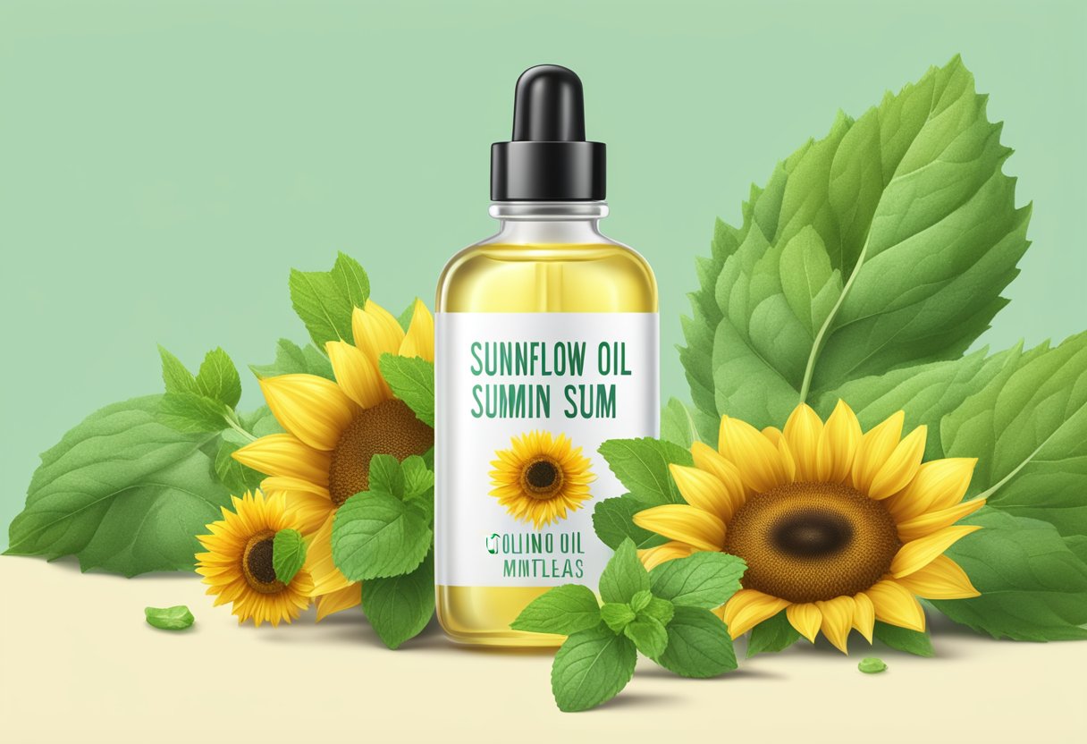 A clear glass bottle with a label reading "Sunflower Oil And Mint Cooling Serum" surrounded by fresh mint leaves and sunflower petals