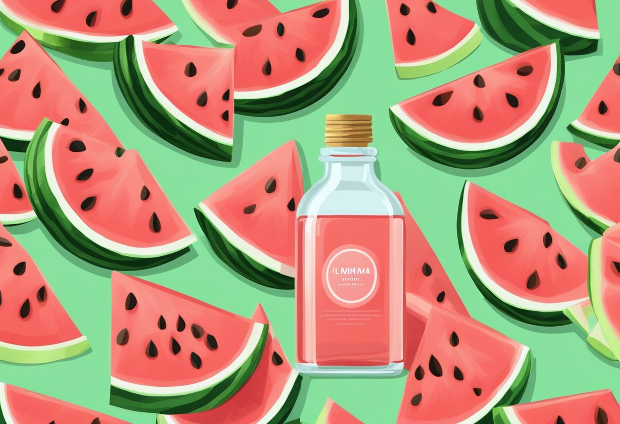 A glass bottle of watermelon seed oil and lime serum surrounded by fresh watermelon slices and lime wedges on a wooden table
