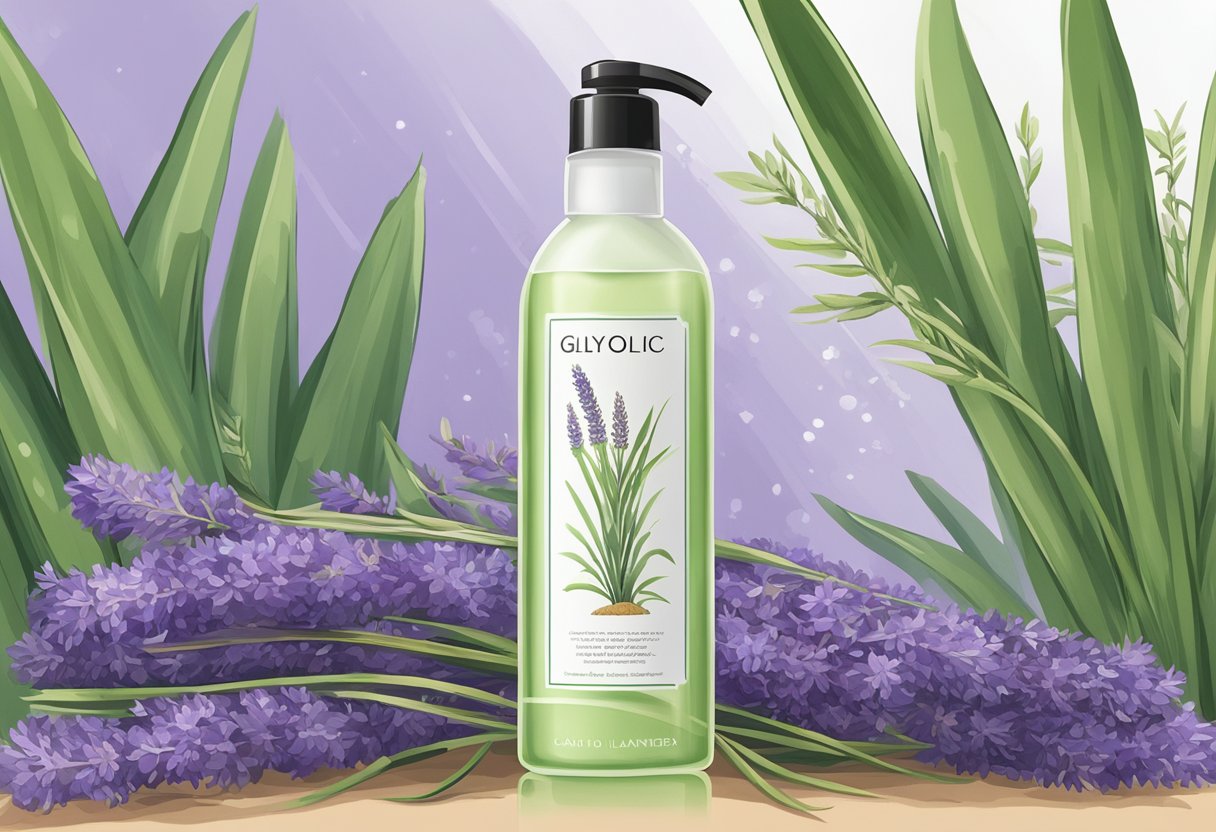 A clear bottle with a label reading "Glycolic Acid and Lavender Exfoliating Toner" surrounded by sugar cane and lavender plants