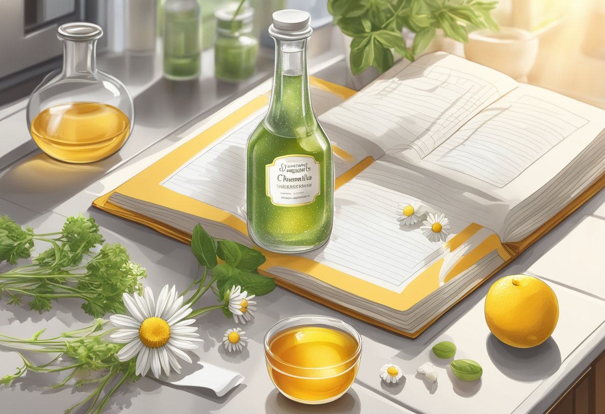 A glass bottle of chamomile tea and vinegar toner surrounded by ingredients and a recipe book on a clean, well-lit kitchen counter