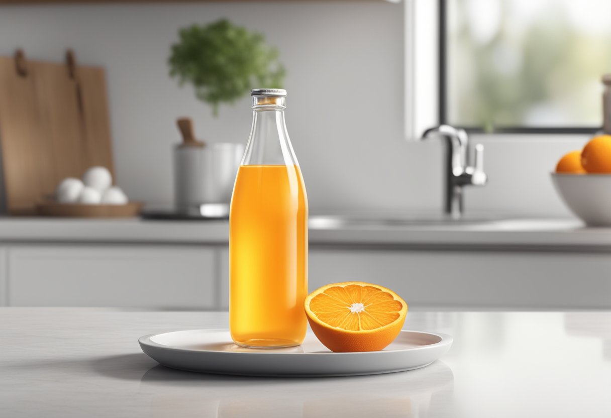 A clear glass bottle filled with orange liquid, next to a small dish of baking soda, on a clean white countertop