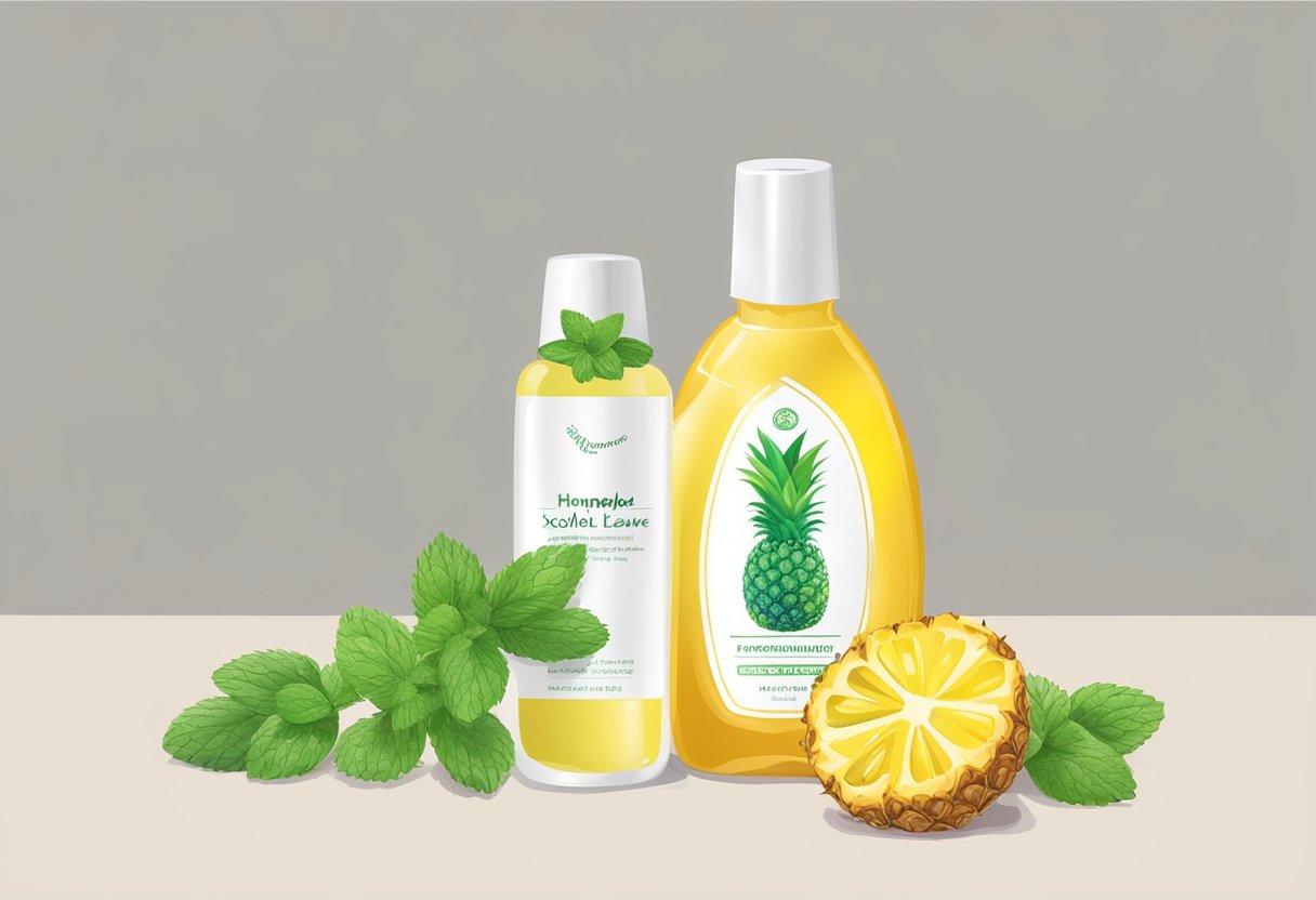 A glass of pineapple juice and mint leaves next to a bottle of homemade exfoliating toner
