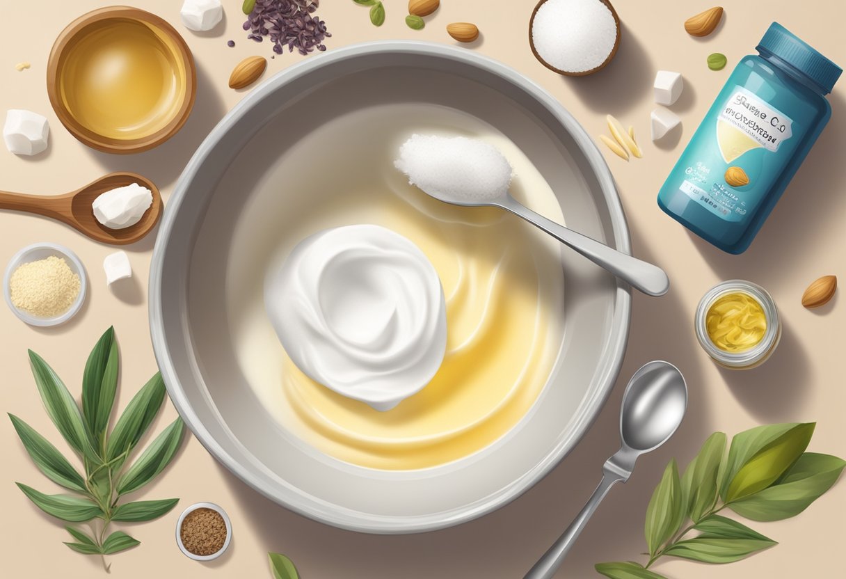 A table filled with various ingredients such as shea butter, coconut oil, and essential oils. A mixing bowl and spoon sit nearby, ready to create homemade face cream