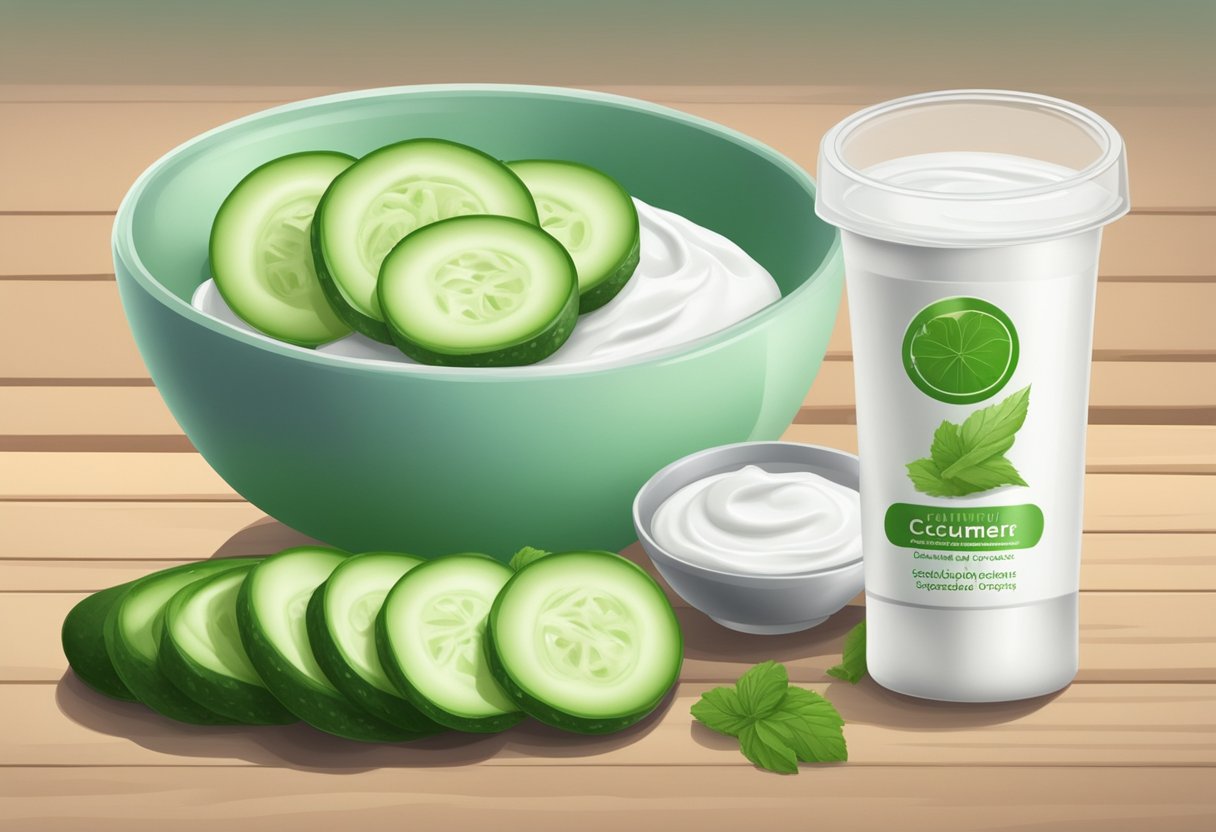 A bowl of cucumber and yogurt cooling cream sits on a wooden table, surrounded by fresh cucumbers and a container of yogurt. The creamy mixture is smooth and light, with a refreshing green hue