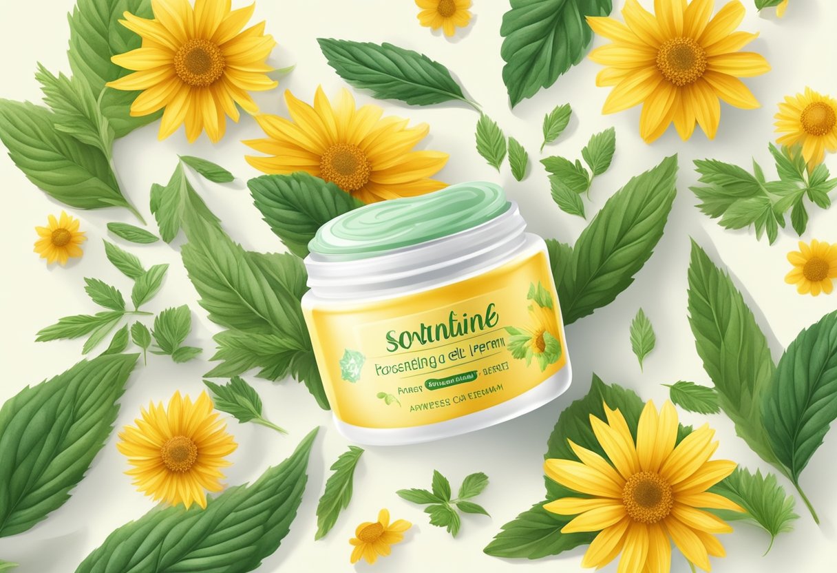 A jar of soothing gel cream surrounded by fresh arnica and peppermint leaves, with a backdrop of various ingredients for homemade face creams