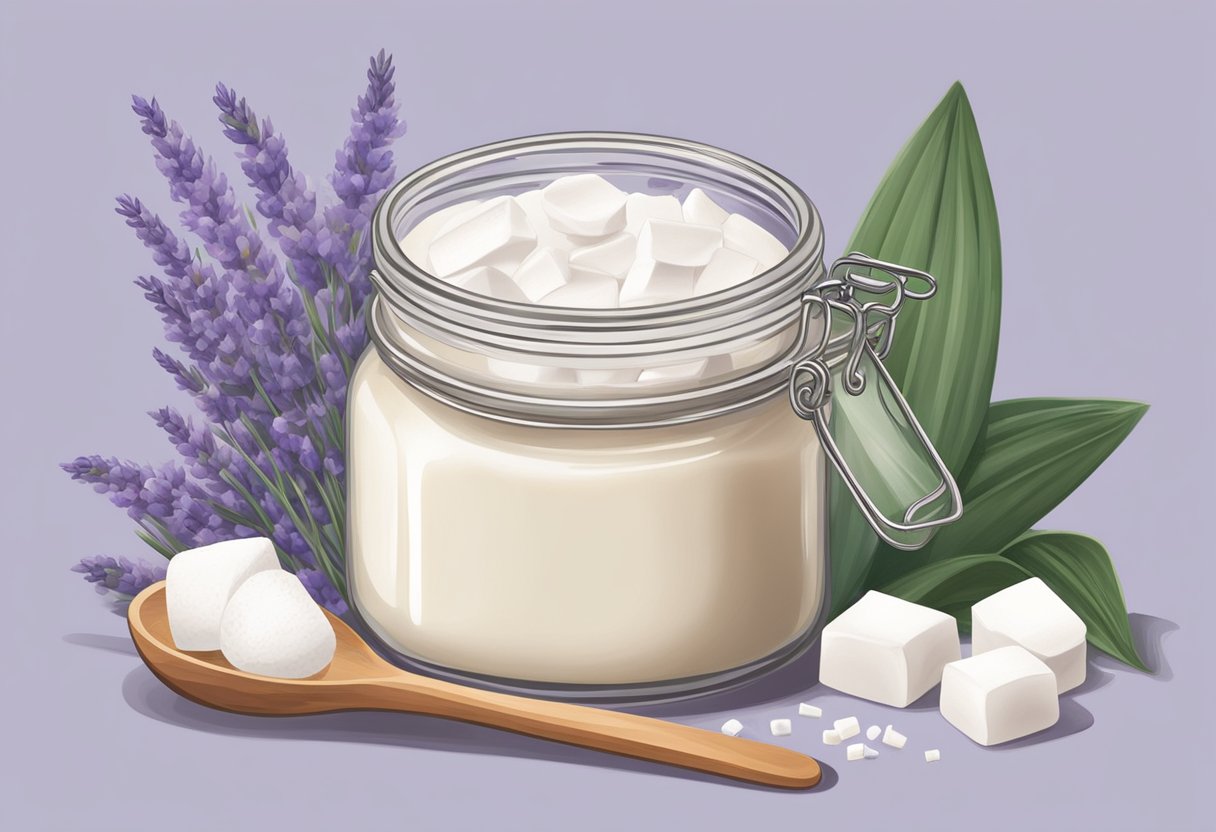 A jar of marshmallow root and shea butter cream surrounded by ingredients like coconut oil, lavender, and aloe vera. A mixing bowl and spoon sit nearby on a clean, organized countertop