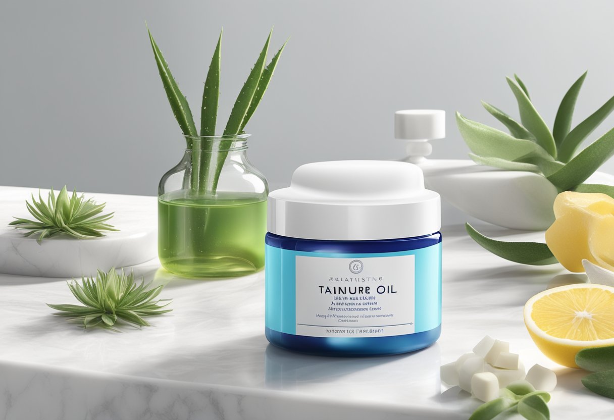 A jar of Hyaluronic Acid and Blue Tansy Oil Moisture Cream surrounded by ingredients like aloe vera, shea butter, and essential oils on a clean, white marble countertop