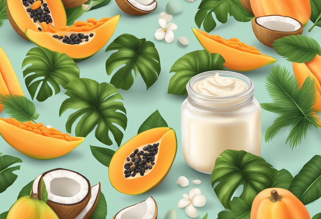 A jar of soothing cream surrounded by fresh papayas and coconuts