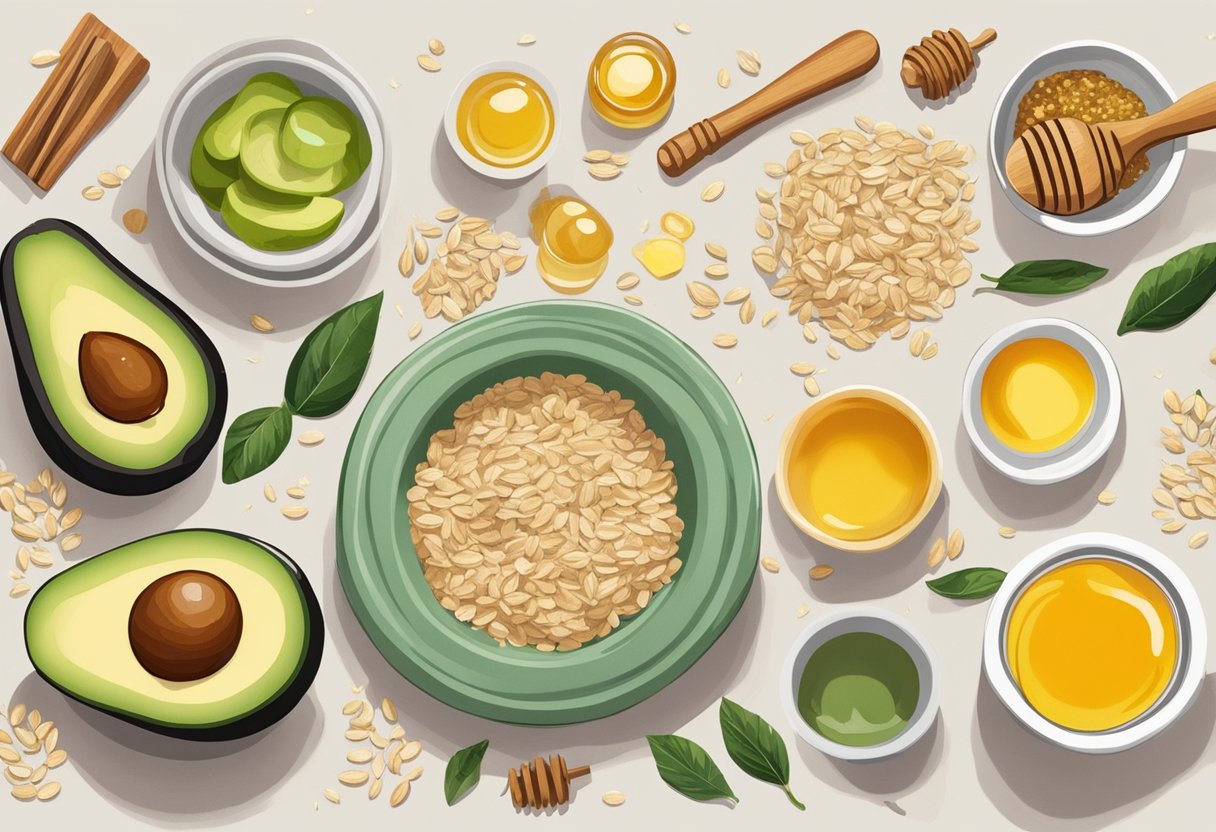 A table filled with various natural ingredients like avocado, honey, and oats. Bowls, spoons, and measuring cups scattered around. Recipe book open to "25 Best DIY Homemade Face Mask Recipes for Sensitive Skin."