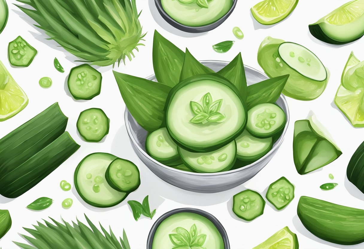 Aloe vera and cucumber slices arranged on a clean white surface, surrounded by fresh ingredients and a mixing bowl