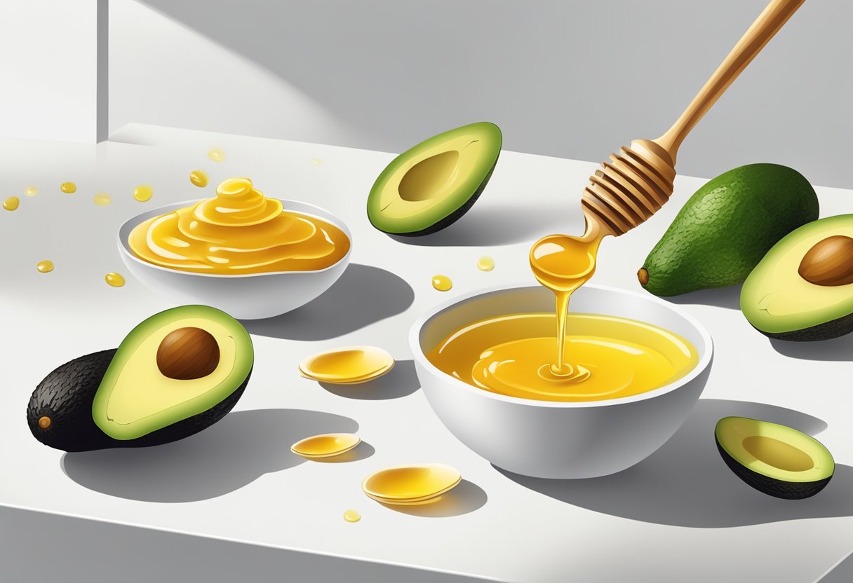 A bowl of honey and avocado mask ingredients being mixed together with a spoon on a clean, white countertop