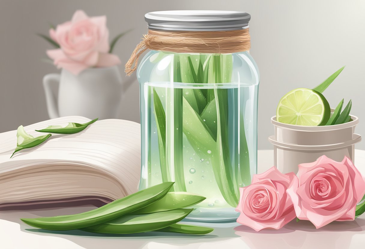 A glass jar of rose water and aloe vera sits on a clean white table, surrounded by fresh ingredients and a recipe book