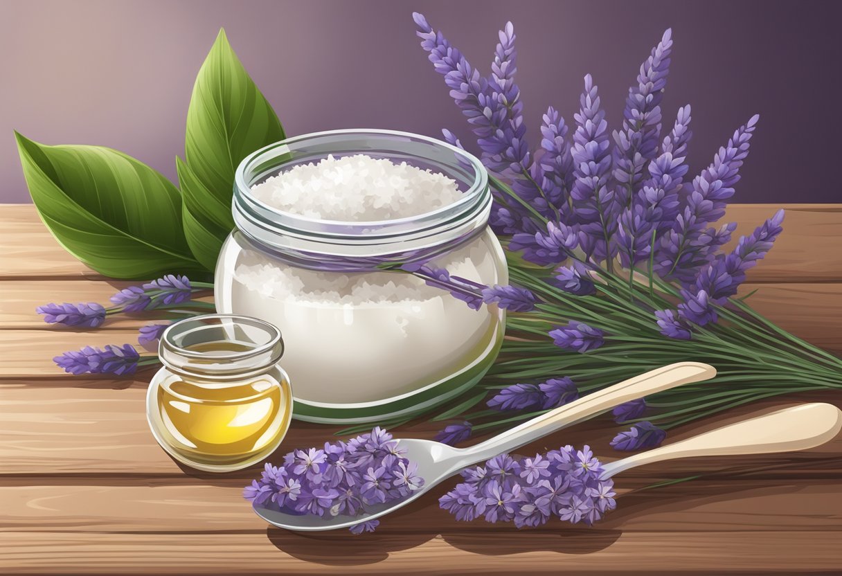 A glass bowl filled with coconut oil and lavender, surrounded by fresh lavender flowers and a spoon, on a wooden table