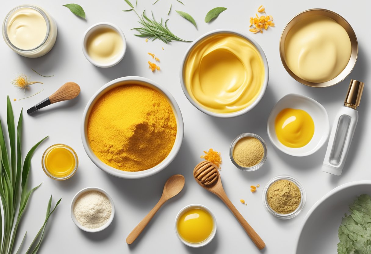 A bowl filled with saffron and milk cream mask ingredients, surrounded by various other DIY face mask ingredients and tools on a clean, well-lit countertop