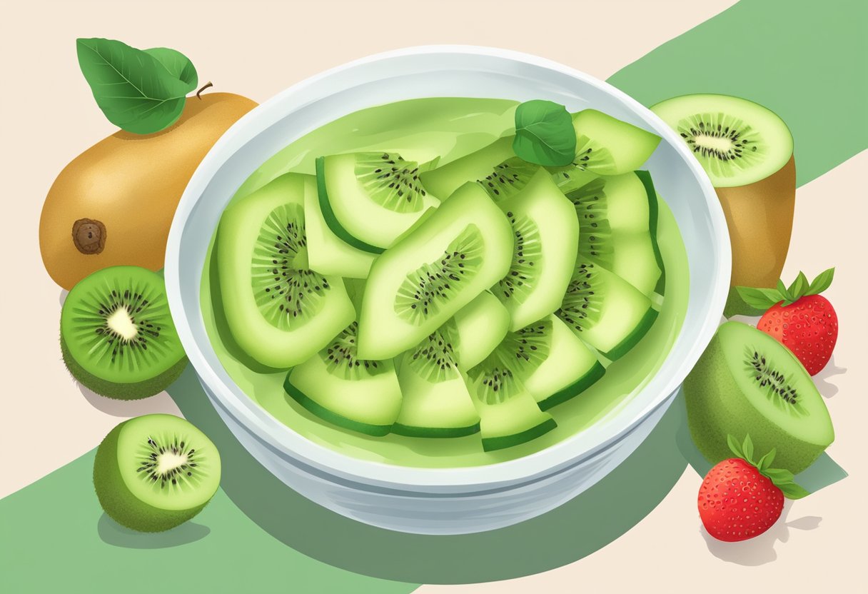 A bowl of kiwi and cucumber gel mask, surrounded by fresh fruits and vegetables, with a soft and calming color palette