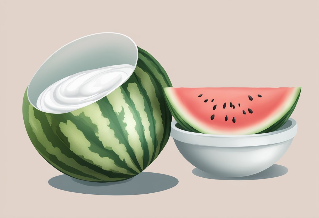 A ripe watermelon and a bowl of yogurt sit on a clean, white surface, ready to be mixed together to create a hydrating face mask