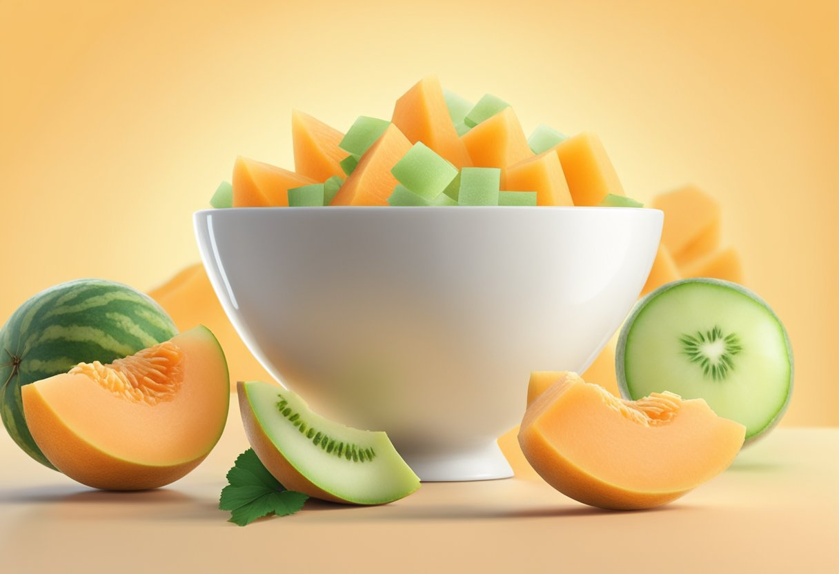 A bowl of freshly cut cantaloupe and honeydew with a refreshing mask on top. Ingredients scattered around. Light, airy atmosphere