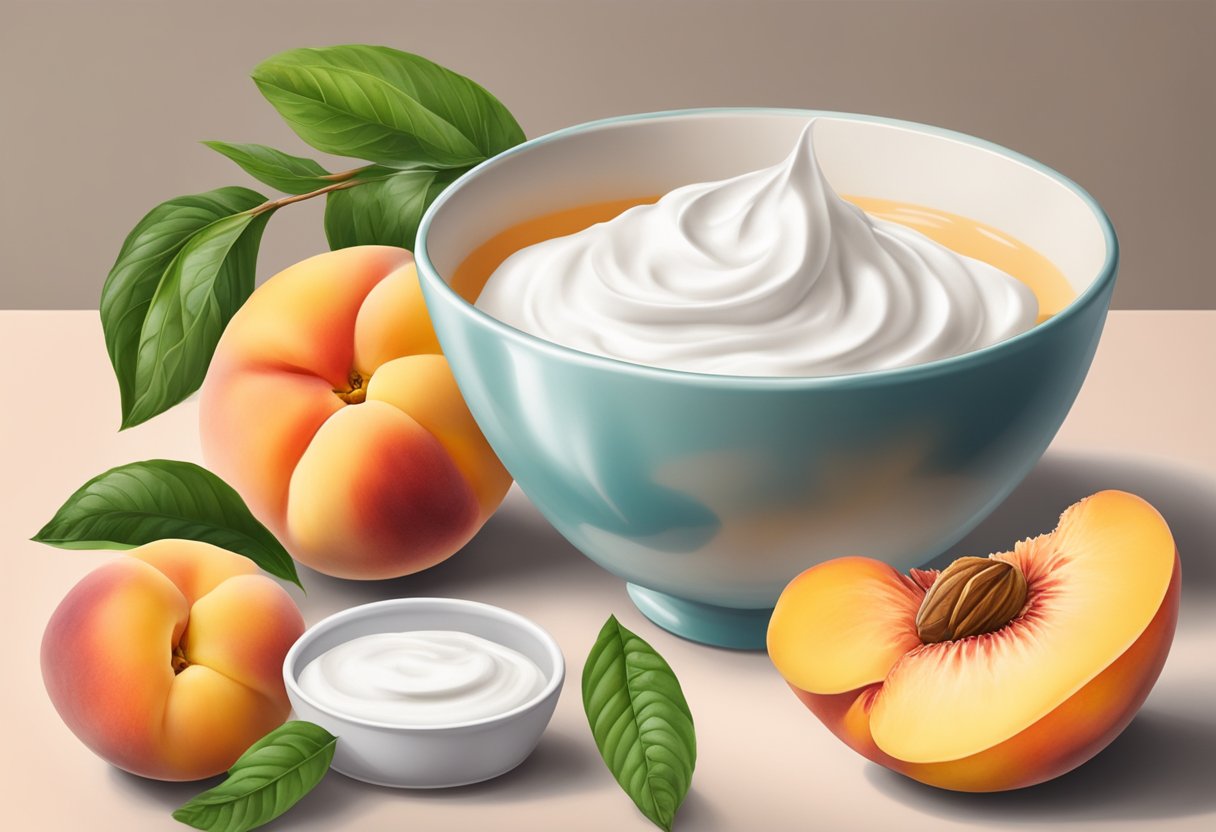 A bowl with peach and sour cream mask ingredients, surrounded by fresh peaches and a dollop of sour cream