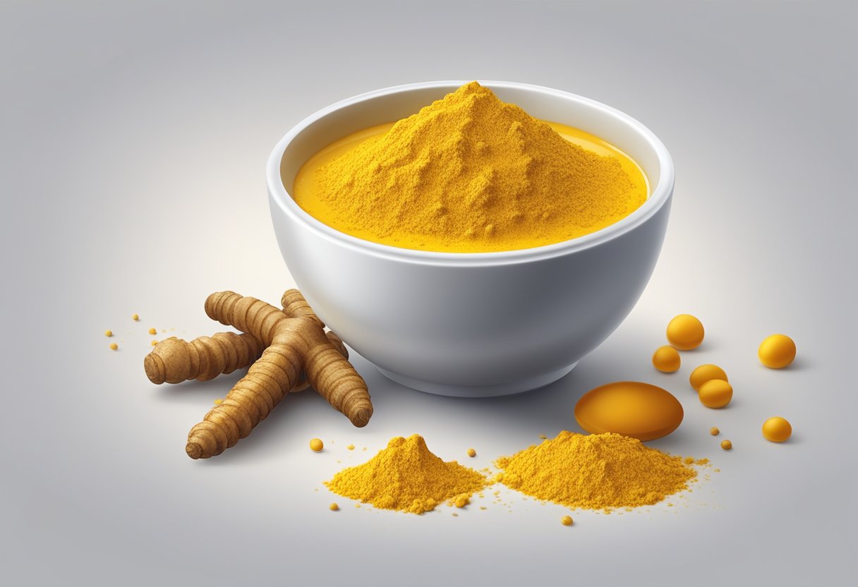 A small bowl filled with turmeric powder and milk, surrounded by a few droplets of the mixture on a clean, white surface