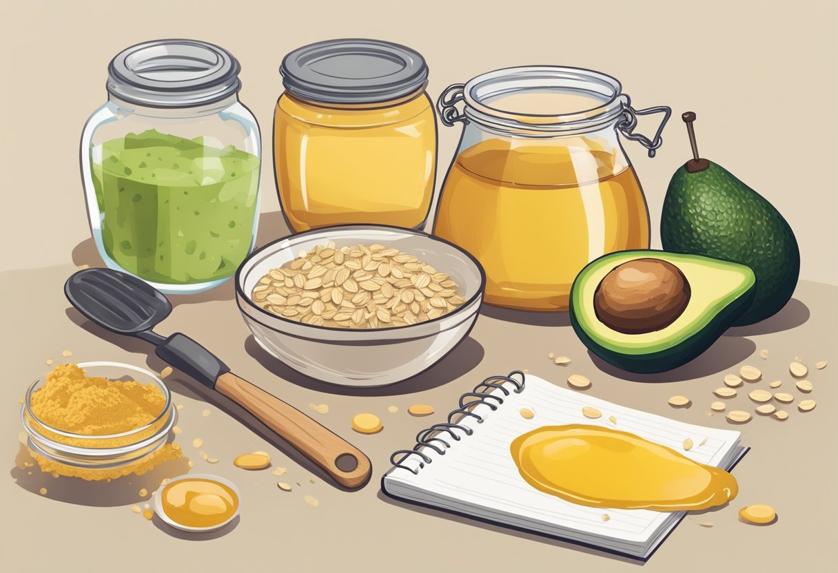 A table with various ingredients like honey, oatmeal, and avocado. A mixing bowl, spoon, and measuring cups are scattered around. A notebook with "25 Best DIY Homemade Face Mask Recipes for Sensitive Skin" written on it